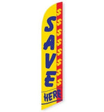 15' Save $$$$ Here Feather Flag with custom printed logo