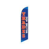 15' Trades Welcome Here (Blue And Red) Feather Flag customized with your graphics