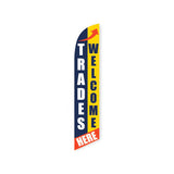 15' Trades Welcome Here (Blue And Yellow) Feather Flag custom printed with company logo