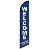 15' Welcome Worship With Us Feather Flag For Church custom printed with company logo